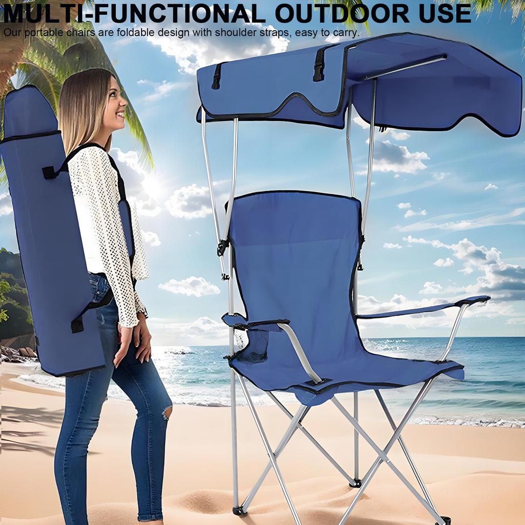 Oversized Beach Chair with Ceiling & Cup Holder Large Camping Lawn Chair Folding Fishing Chair for Picnic Leisure Chair