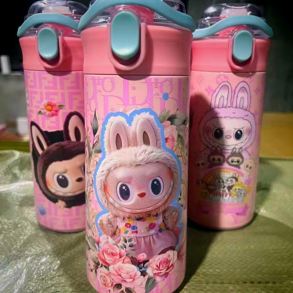 Hüpfbecher Thermobecher Hochwertig Niedlich Cartoon 3D Musterdruck Tragbarer Strohhalm Doppelwandiger Trinkbecher