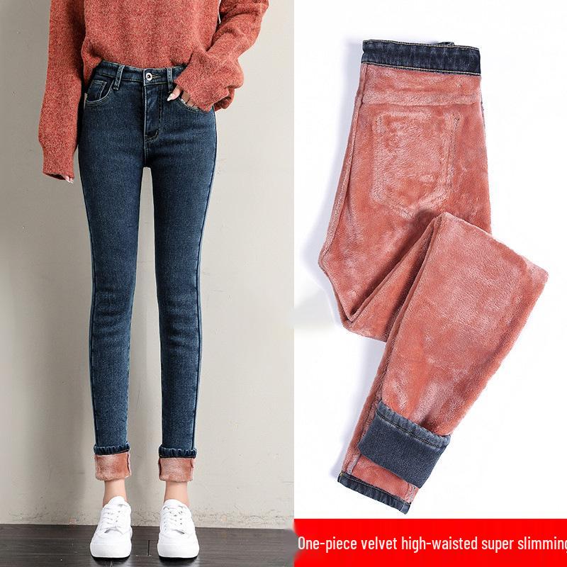 Women's High Waist Slim Velvet Denim Jeans - Loose Fit, Elastic, Versatile Straight Leg, Autumn/Winter 2021 Style.