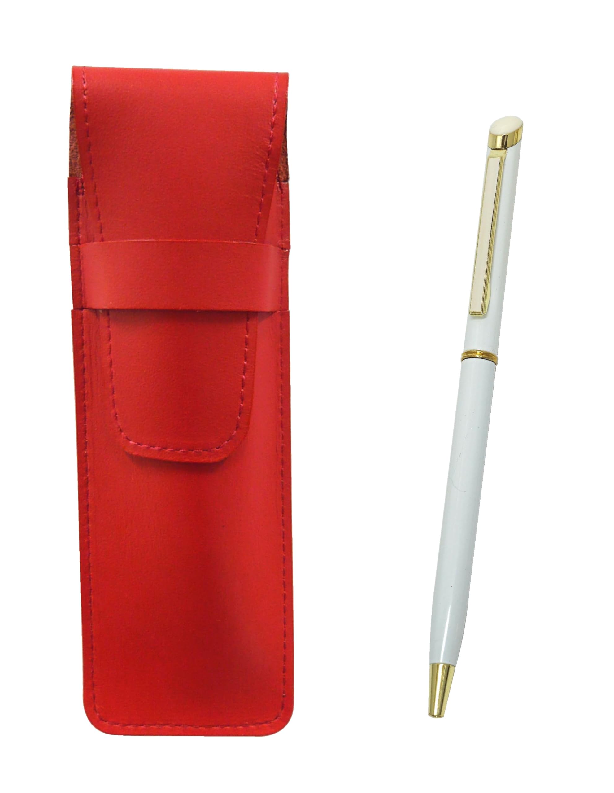 

Slim cowhide pencil case red epoxy rotating ballpoint pen set white T23-ASR-WD002-W