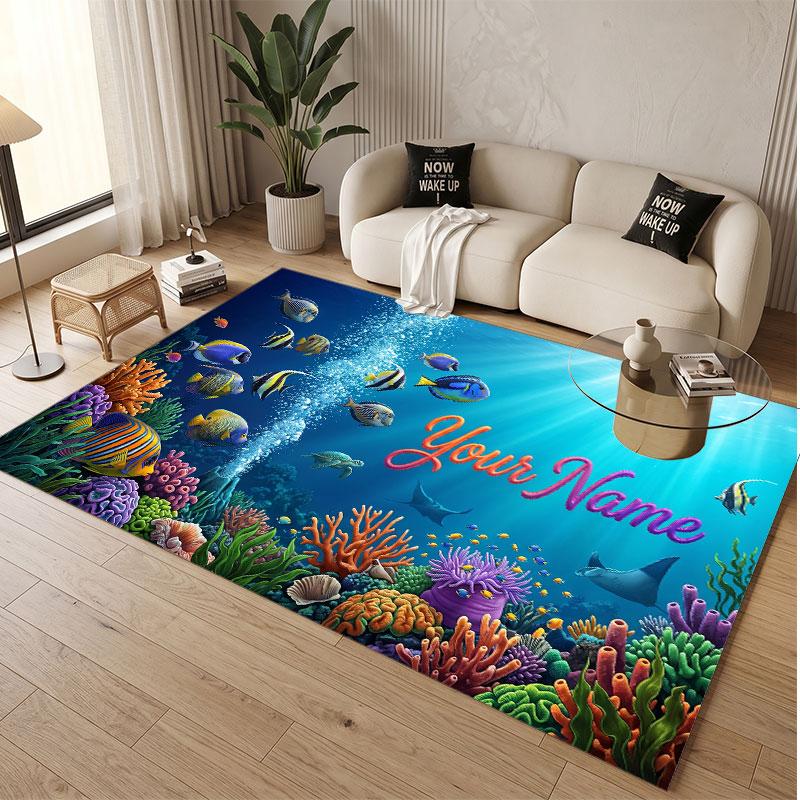 Fish Ocean Theme Soft Crystal Velvet Rug Custom Name & Text Print Non Slip Floor Rug for Bedroom Living Room