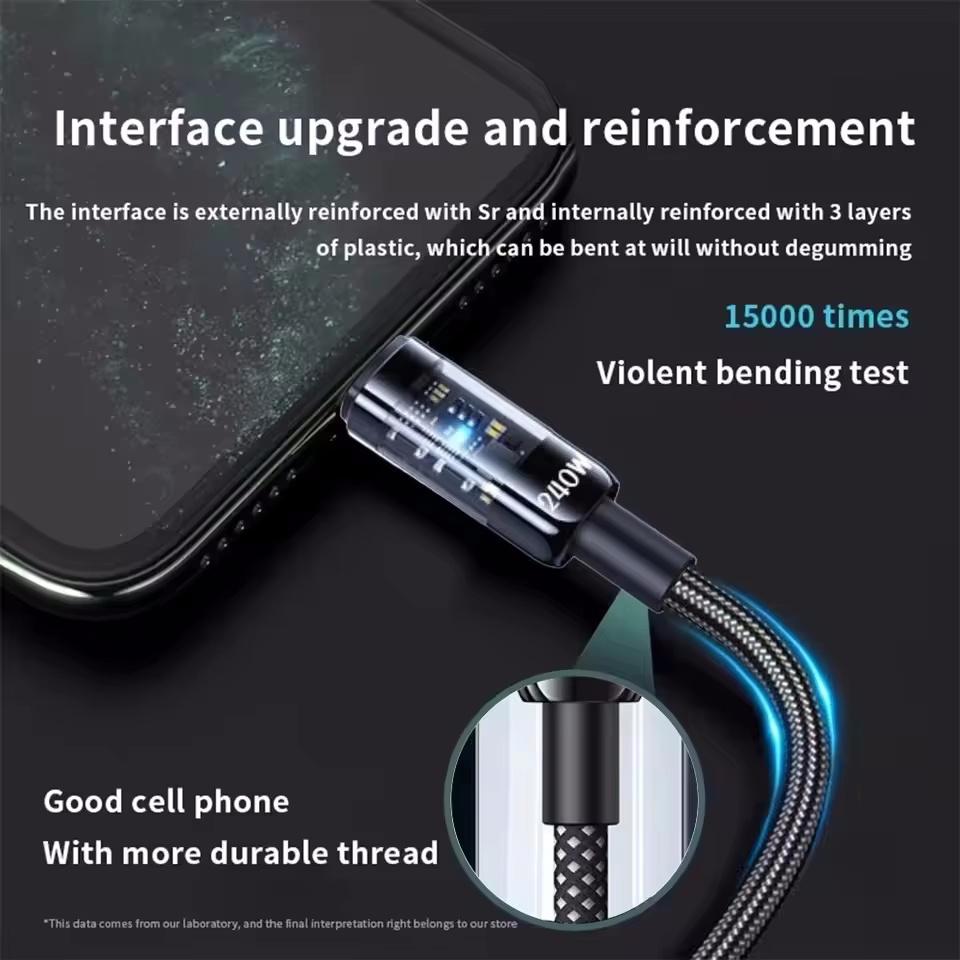 240W Nylon Cable USB Type C Super Fast Charging Cable For Samsung Huawei Honor LED Digital Display Fast Charger Data Cord