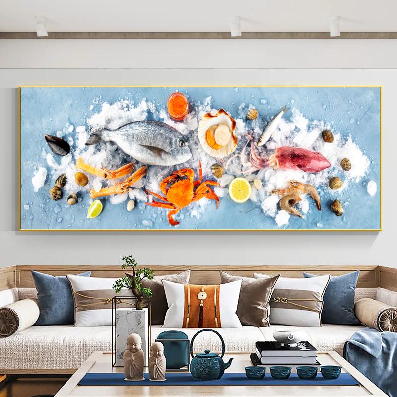 

Картина на холсте со свежей рыбой и морепродуктами, настенное искусство, морская рыба, лобстер, кальмар, постеры и принты для декора гостиной 60x170cm No Framed