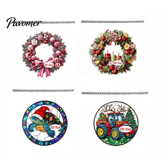 Seasonal Hanging Decor Christmas Wreath Acrylic Ornament, 2D Flat Stained Glass Style Transparent Decoration, Double-sided Decorative Pendant