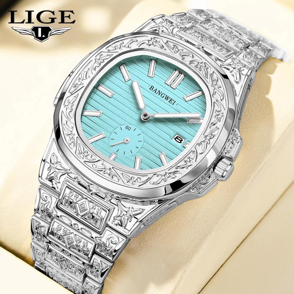 LIGE New Men Watches BANGWEI Brand Fashion Casual Quartz Wristwatches Waterproof Steel Strap Mens Watch