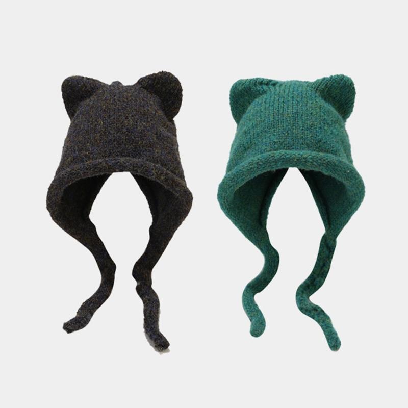 Unisex Solid Color Crochet Hat Cat Kitten Ear Shape Hat Warm Fluffy Winter Crochet Warm Skiing Supplies for Adult Teens