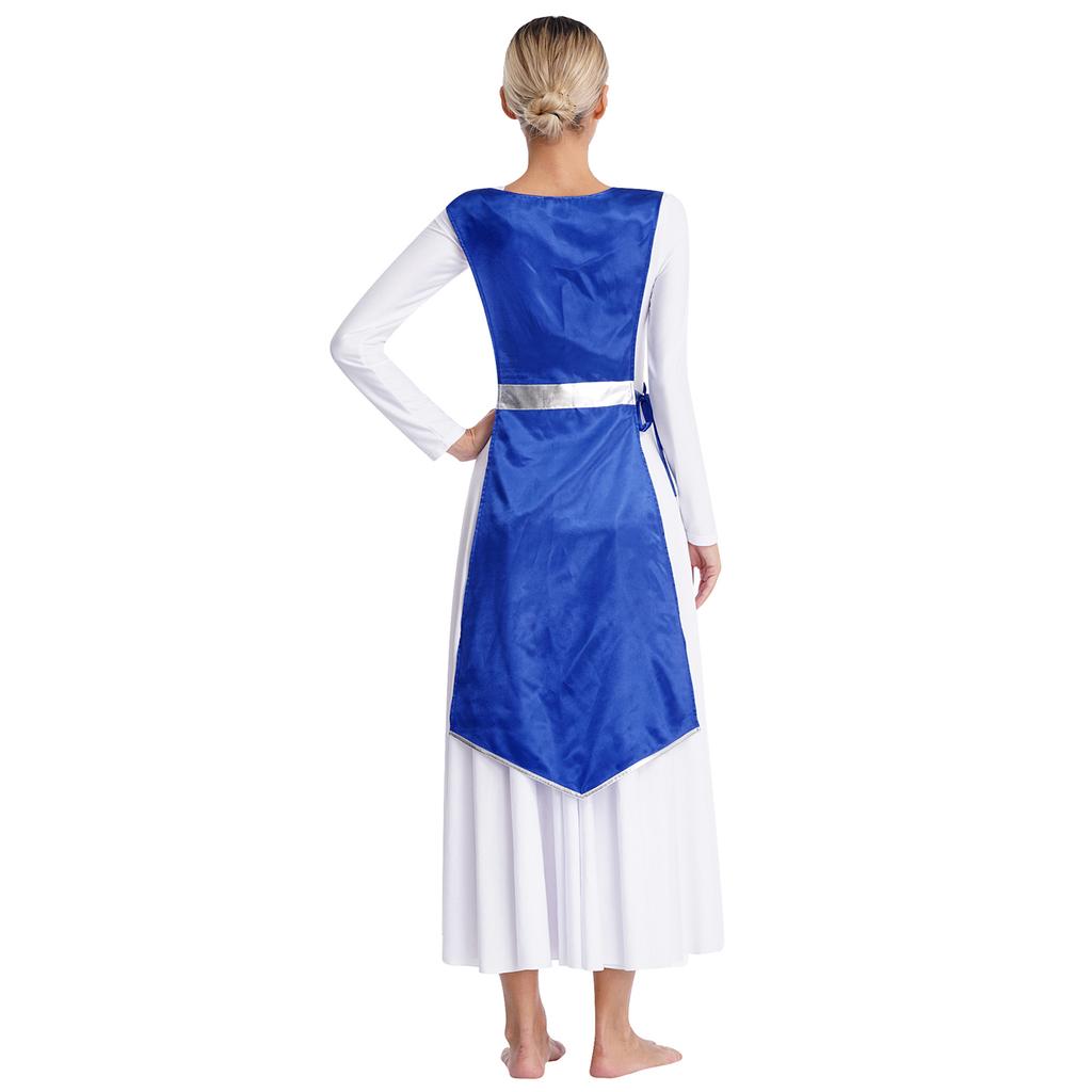 Women Church Worship Robe Choir Performance Tunic Metallic Patchwork Lace Up Sides Split Satin Dress