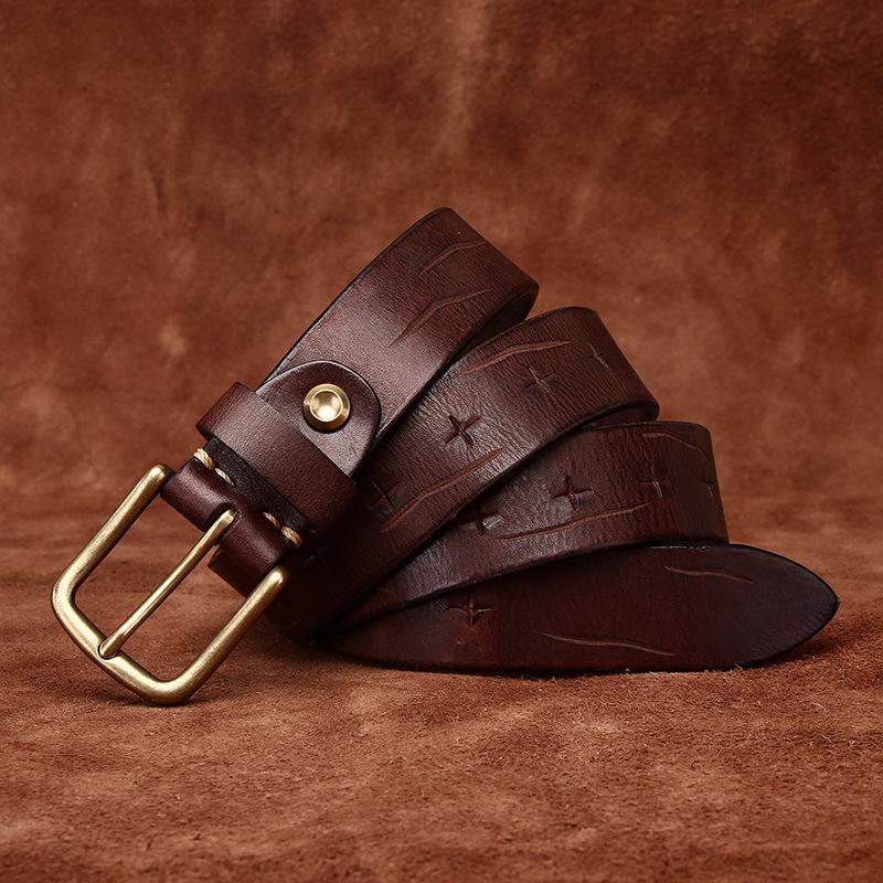 Men's Leather Belt Full Hole Vintage Distressed Knife for Handcraft Cut Genuine Leather Fashion Personality Trend First Layer Cowhide Belt