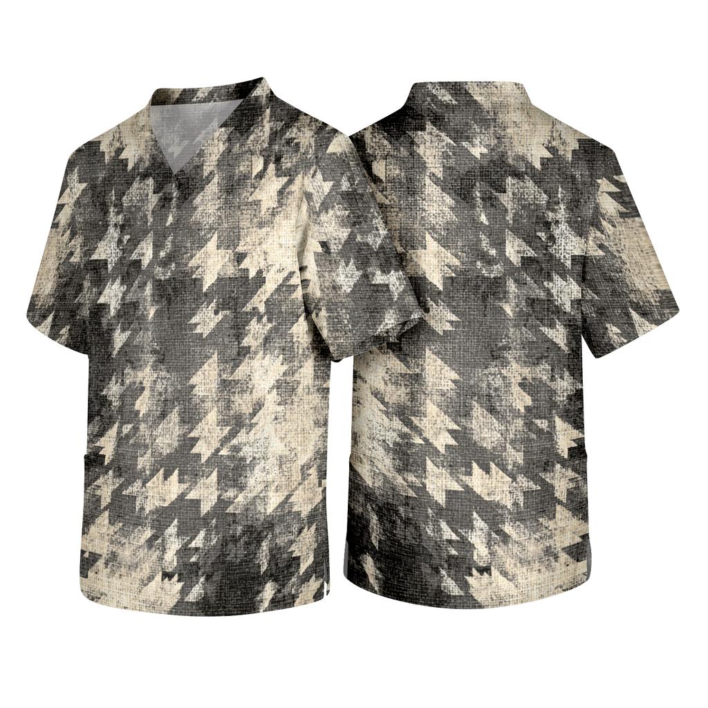 Men Short Sleeve V Neck Printed Chest Pocket Scrub Top with Relaxed Fit and Durable Fabric for Daily Wear