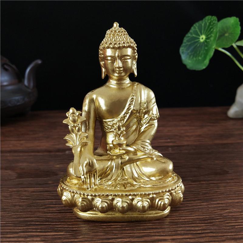 Gyllene Medicin Buddha Staty Med Halsbandsprydnad Harts Feng Shui Lycklig Buddha Skulptur Hem Kontor Trädgårdsdekoration Gåvor
