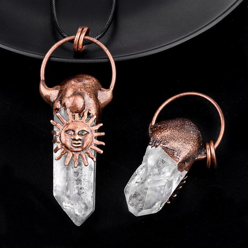Natural Clear Quartz Point Pendant Retro Antique Copper Sun Face Charm Crystal Point Necklace Pendant For Jewelry Making