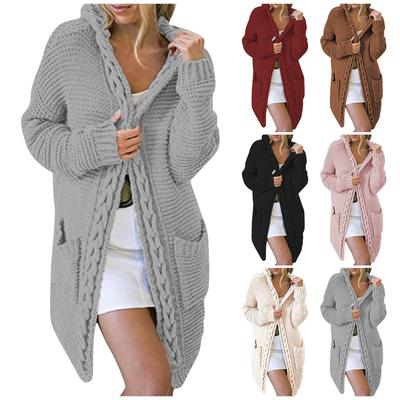 Cardigan feminino de malha solta com capuz e bolso, cor sólida, outono e inverno
