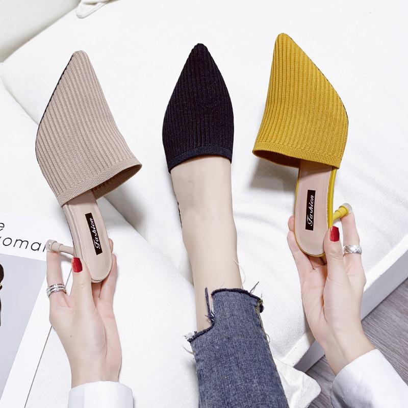 20 New slippers women's fashion woven retro half slippers pointed head bag head high heel stiletto