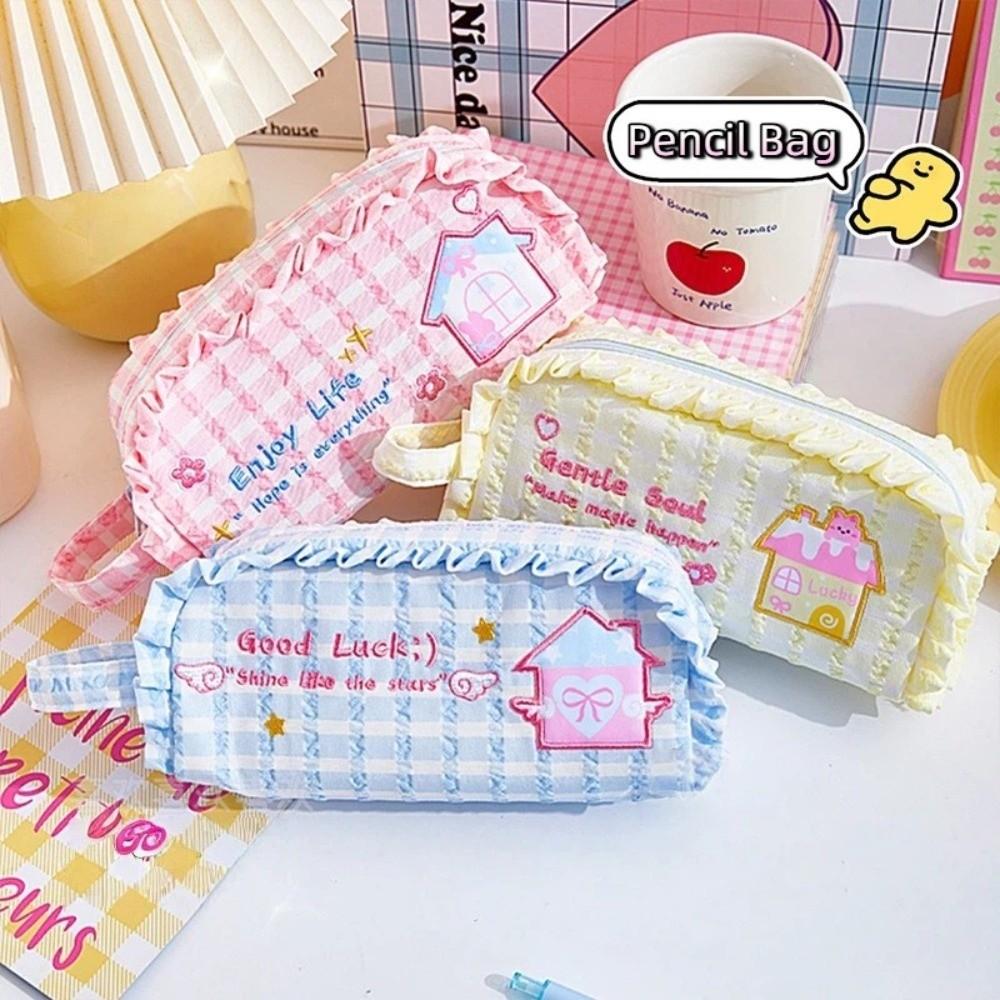 Dopamine Style Pencil Storage Bags Checkered Pencil Pouch New Stationery Bag  School Use
