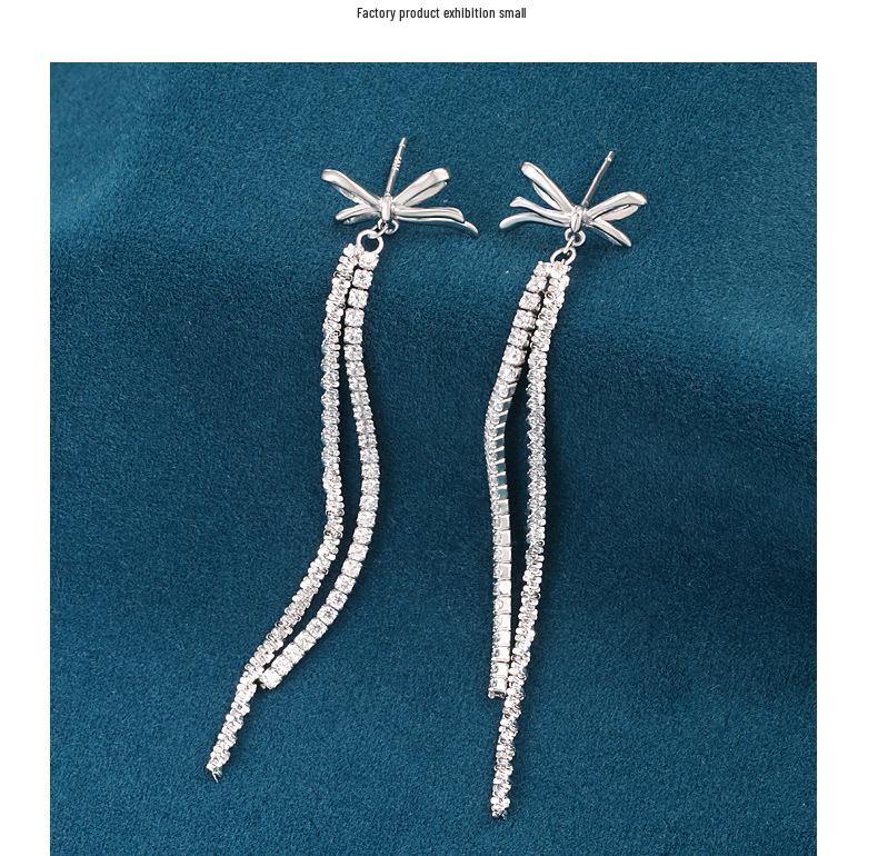 S925 Sterling Silver Bowknot Diamond Inlaid Long Tassel Earrings - Luxurious, Versatile Fashion Accessories for Women