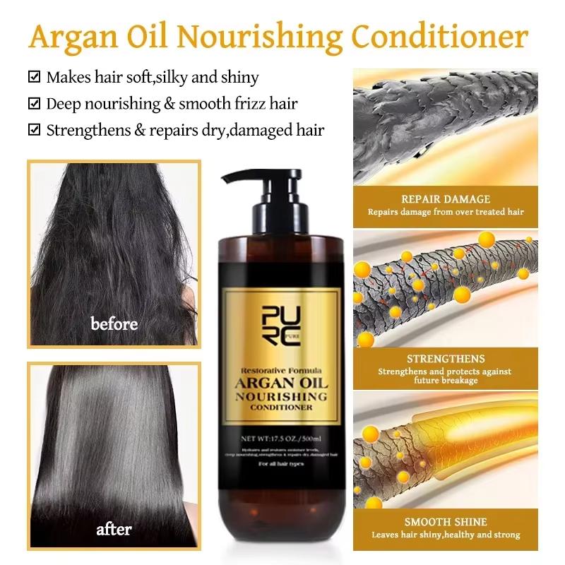 PURC Shampoo-Conditioner-Set mit marokkanischem Arganöl für geschädigtes, krauses Haar, glättendes Vitamin E, organisches, sulfatfreies Haarpflegeset