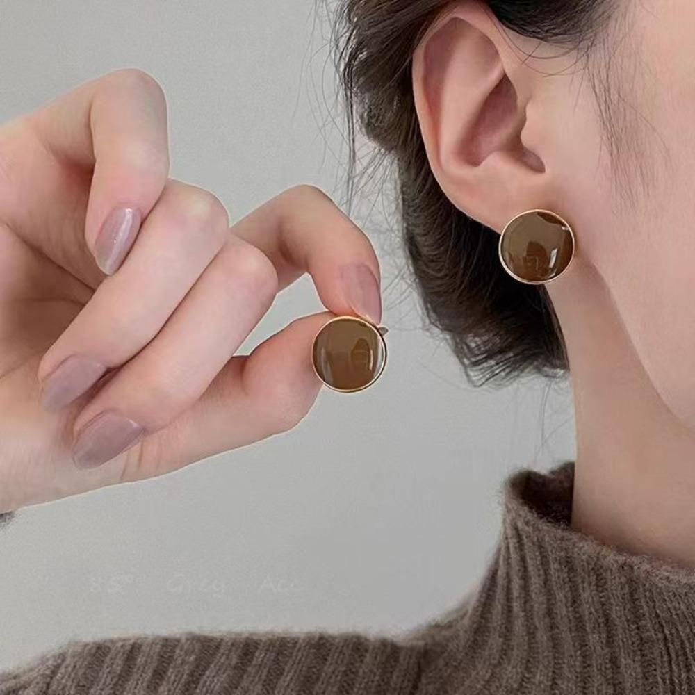 Retro Simple Geometry Square Circle Maillard Drop Glaze Coffee-colored Stud Earrings for Women Fashion Temperament Jewelry Gifts