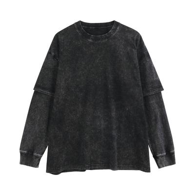 Vintage Stone-Washed Unisex Long-Sleeve T-Shirt with Printable Graphics and Retro Round Neck, Oversized Loose Fit