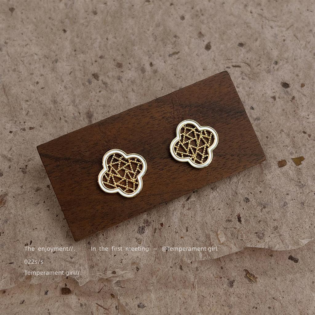 Hollow antique window grilles geometric 925 silver needle 14K earrings stud earrings