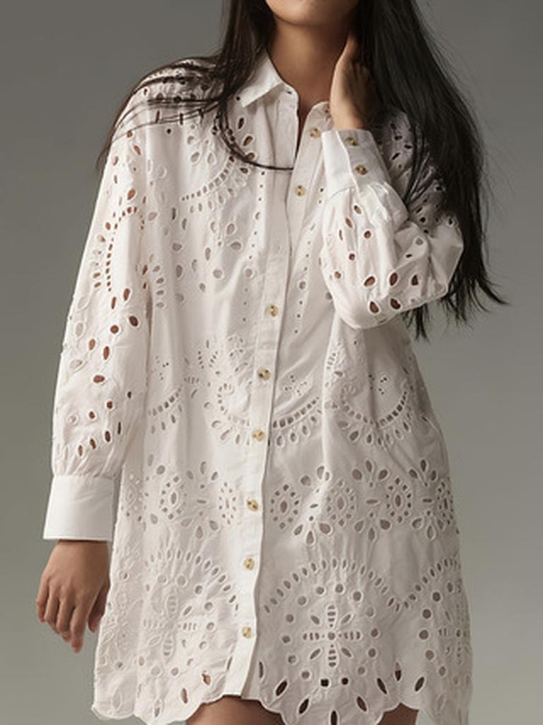 Spring Summer Casual Daily Solid Hollowed Out Button-Down Shirt