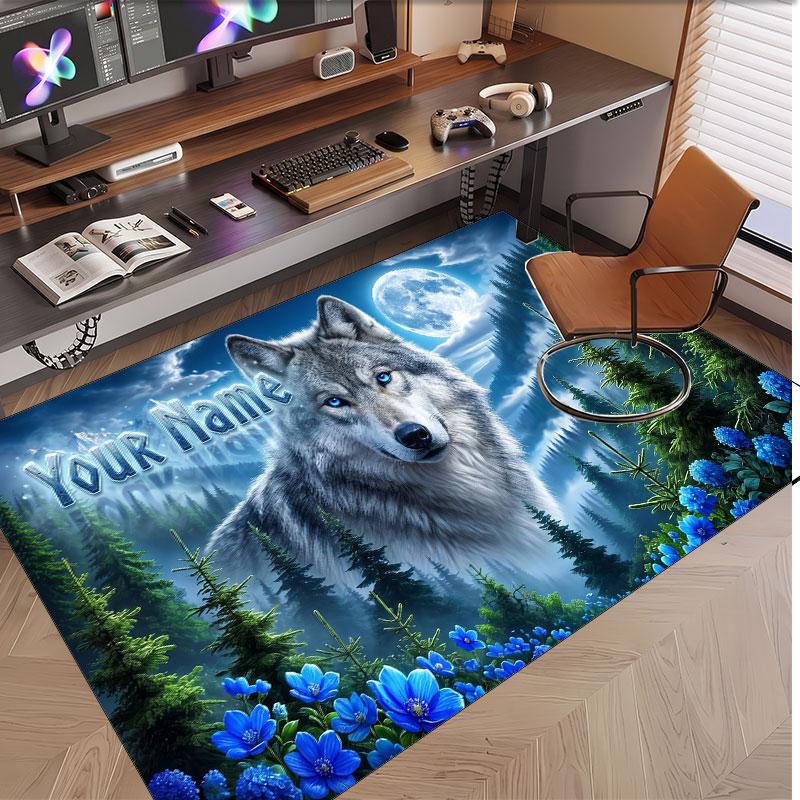 Wolf Theme Soft Crystal Velvet Rug Custom Name & Text Print Non Slip Floor Rug for Bedroom Living Room
