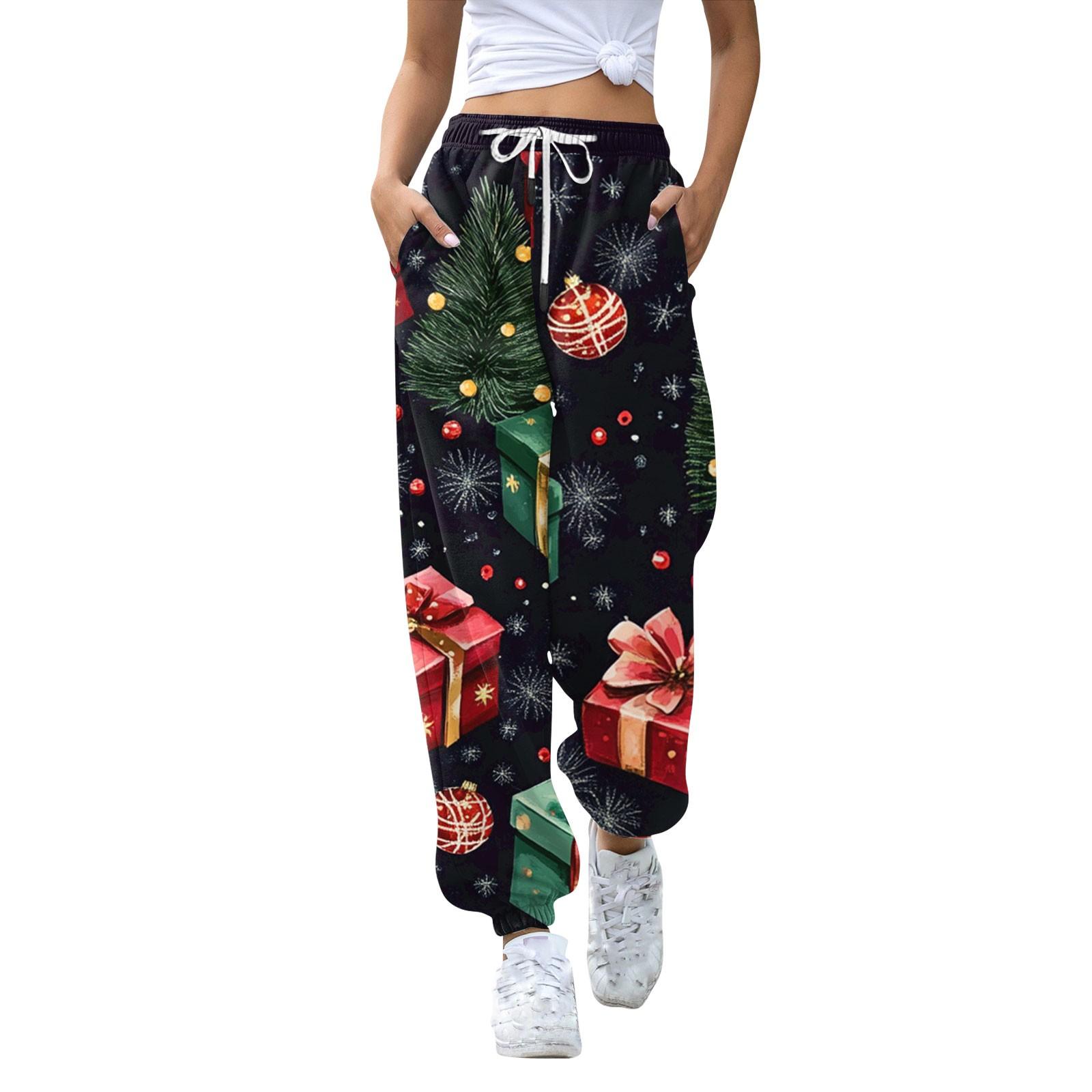 

Женские спортивные штаны с высокой талией, рождественским принтом, карманами, затягивающимися на шнурок S красный