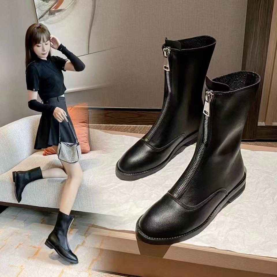 Hatalmas kényelmes puha talp divat új elöl cipzáras puha bőr brit stílusú bakancs nőknek 2025 ősz és tél vastag sarok vastag talp