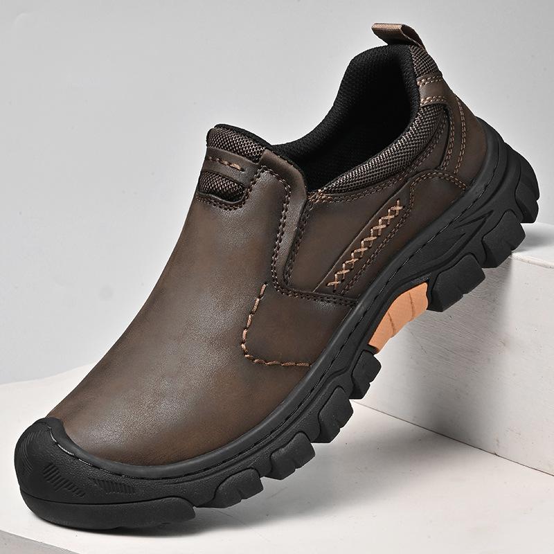 Men's Waterproof Slip On Faux Leather Hiking Shoes for Male Outdoor Non-Slip Walking Sneakers Casual Loafers Work Shoes Comfortable Short Boots