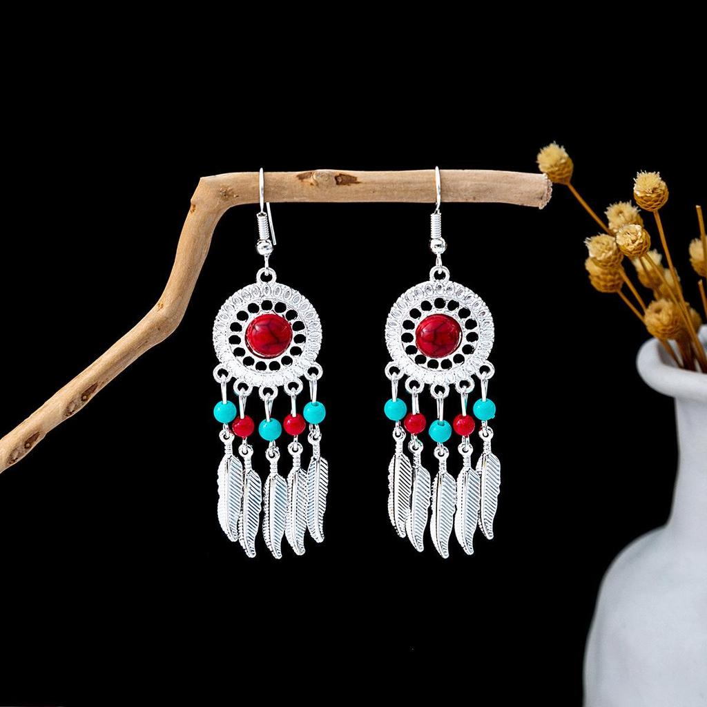 Bohemian Ethnic Tassel Earrings In Miao Silver with Turquoise