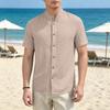 Men's Casual Loose Fit Short Sleeve Shirt Stand Collar Button Front Lightweight Summer Top