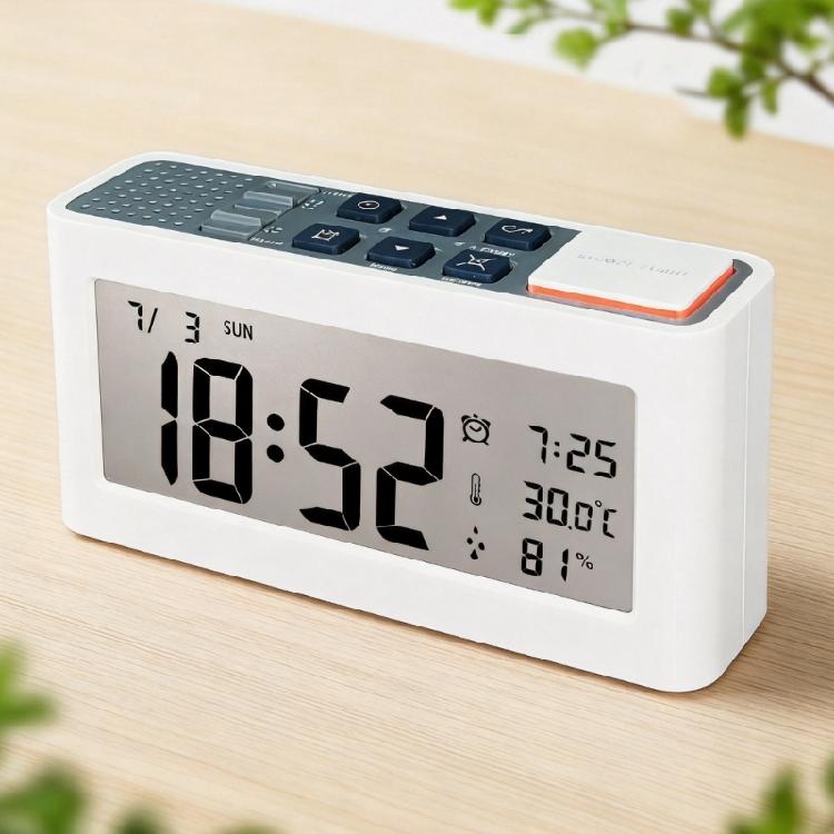 Digitaler Wecker für Schlafzimmer Schreibtisch mit klarer Zeit Datums Tagesanzeige, Raumklima-Bildschirm, Batteriebetriebene Uhr mit Lampenzugang und Alarm-Pause