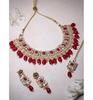 Glitzy Gold Plated Rani Pink Ad Stones & Beads Studded Choker Necklace Set For Women