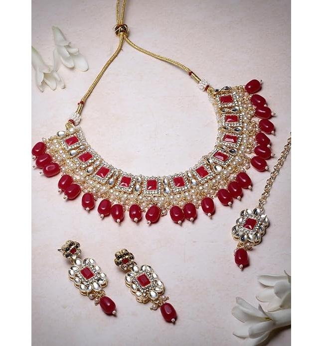 Glitzy Gold Plated Rani Pink Ad Stones & Beads Studded Choker Necklace Set For Women