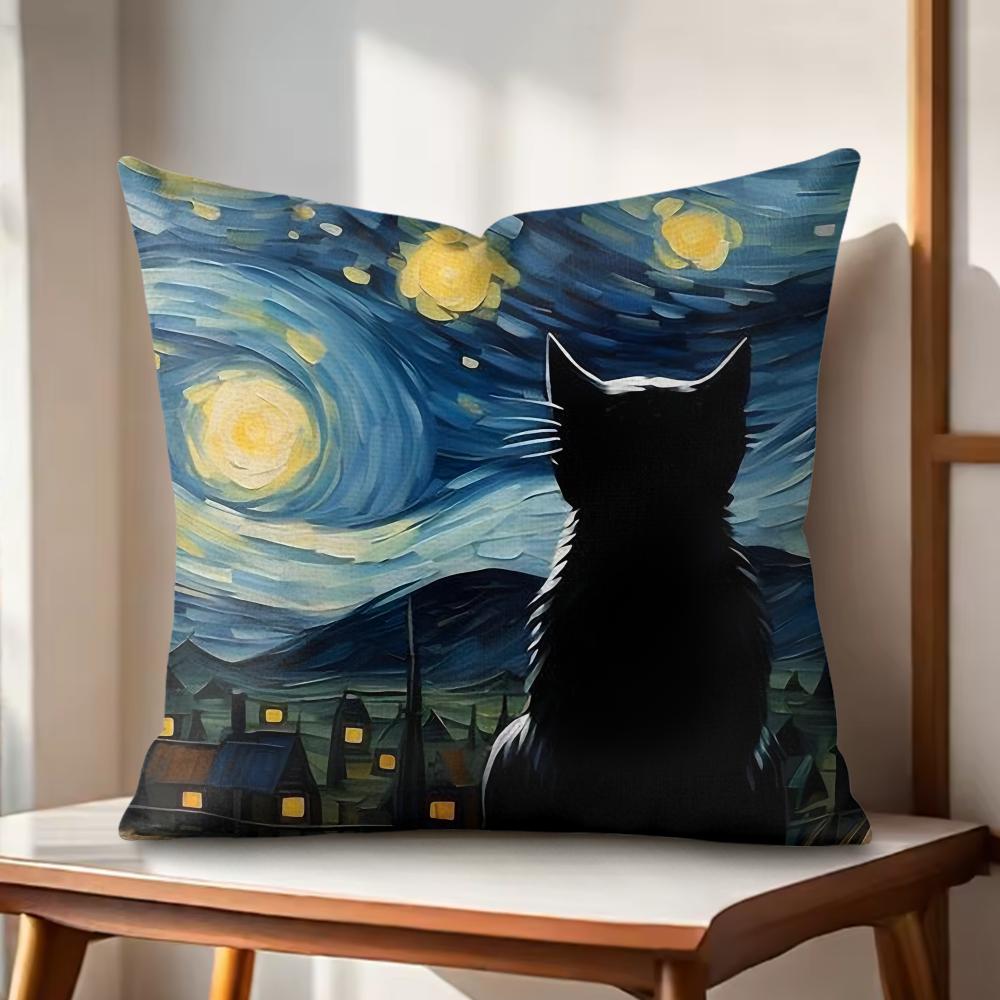 Classic Black Cat Cushion Cover Natural Linen Organic Fabric DoubleSided Printing Couch Pillow Covers Home Decor
