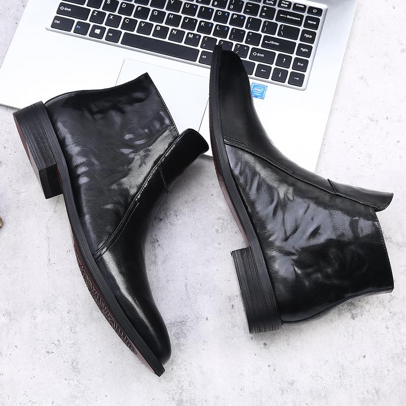 Fashion 2025 New Designer British-style Chelsea Boots for Men Solid Color Side Zipper Pointed Toe High-top Cow Leather Shoes Boots Man