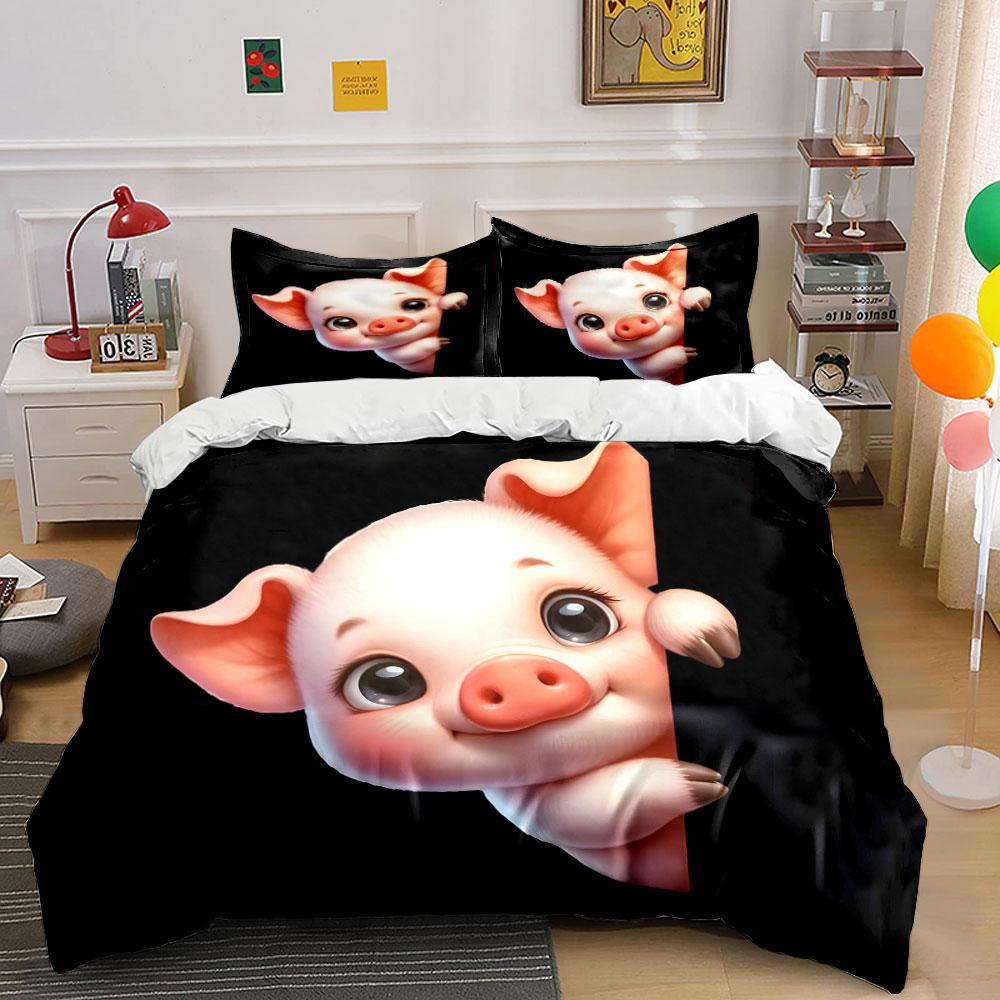 A Cute Pink Cartoon Piggy Print Soft Comfortable Duvet Cover Bedding Set Included 1*Duvet Cover 2*Pillowcases Luxury Gift