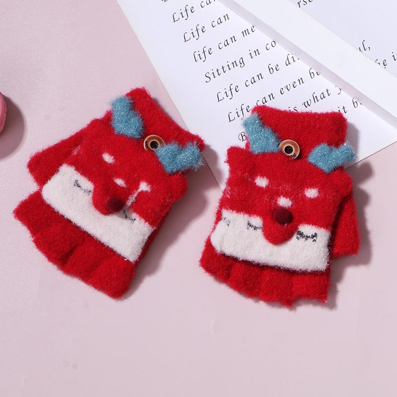 Winter knitted flip half-finger gloves jacquard deer imitation mink cover gloves baby warm back cover gloves