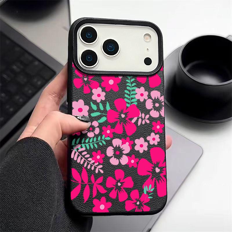 Vibrant Magenta Floral Design Flexible & Durable Shockproof Soft TPU Leather Texture Cover Case for iPhone 17 Pro Max Air 16e 16 15 14 13