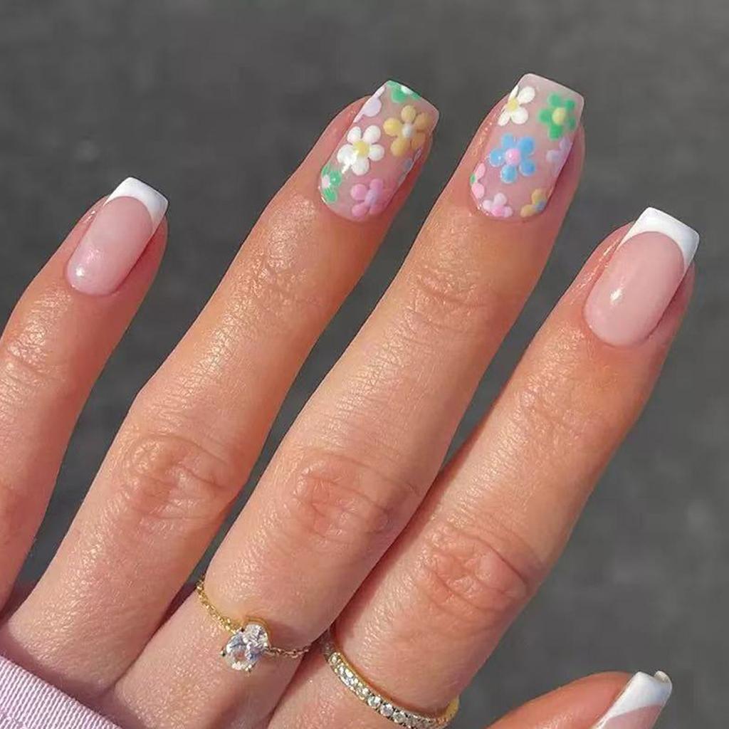 24 Pcs French Tip Press On Nail Short Square False Nail Colorful Flowers Acrylic Nail Glossy Full Cover Stick On Nail