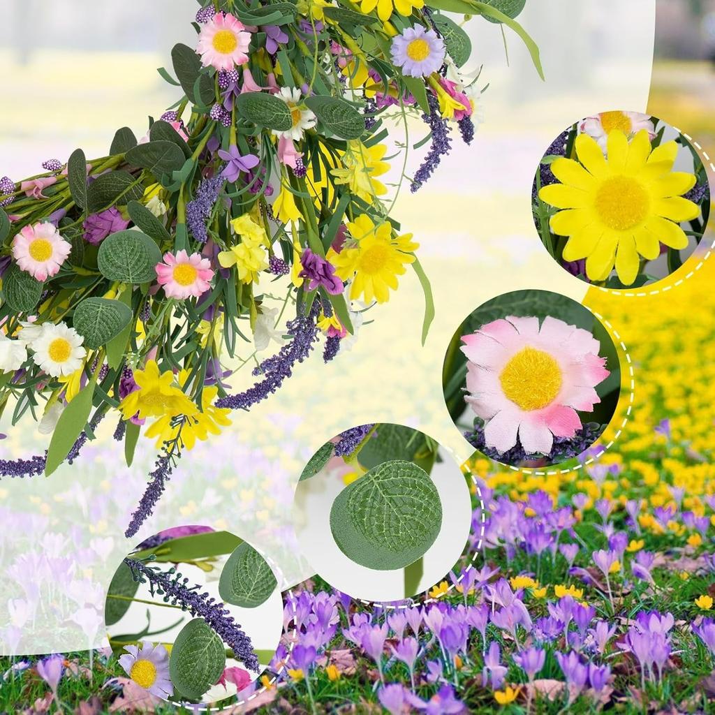 22 Inch Artificial Summer Wreath Daisy and Lavender Wreath with Wildflowers for Home Wall Farmhouse Springtime Easter Holiday Party