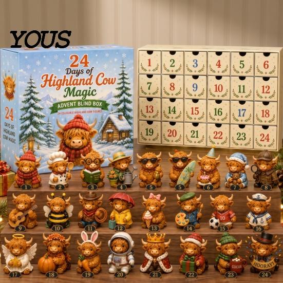 Christmas Countdown Calendar for Kids Magic Animal Advent Calendar, 24-Day Highland Cow/Cat/Sheep/Red Bird Acrylic Ornament Set, Gift Cow