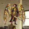 Religious Theme Room Decor Golden Archangel Warrior Acrylic Suncatcher, Faux Stained Glass Window Hanging Wing Armor Gift with Metal Chain,
