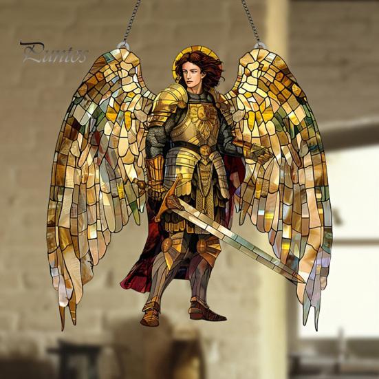 Religious Theme Room Decor Golden Archangel Warrior Acrylic Suncatcher, Faux Stained Glass Window Hanging Wing Armor Gift with Metal Chain,