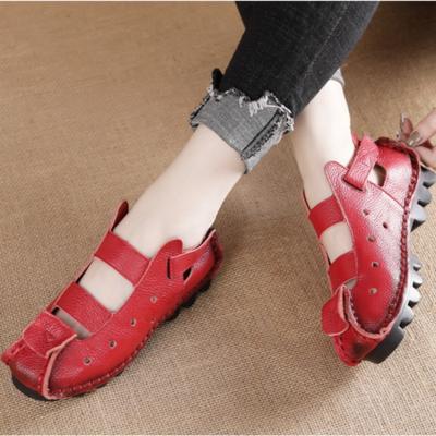 Damen-Retro-Sandalen, Sommerschuhe mit flachem Boden, atmungsaktive Ledersandalen im ethnischen Stil, ausgehöhlte Schuhe für Damen