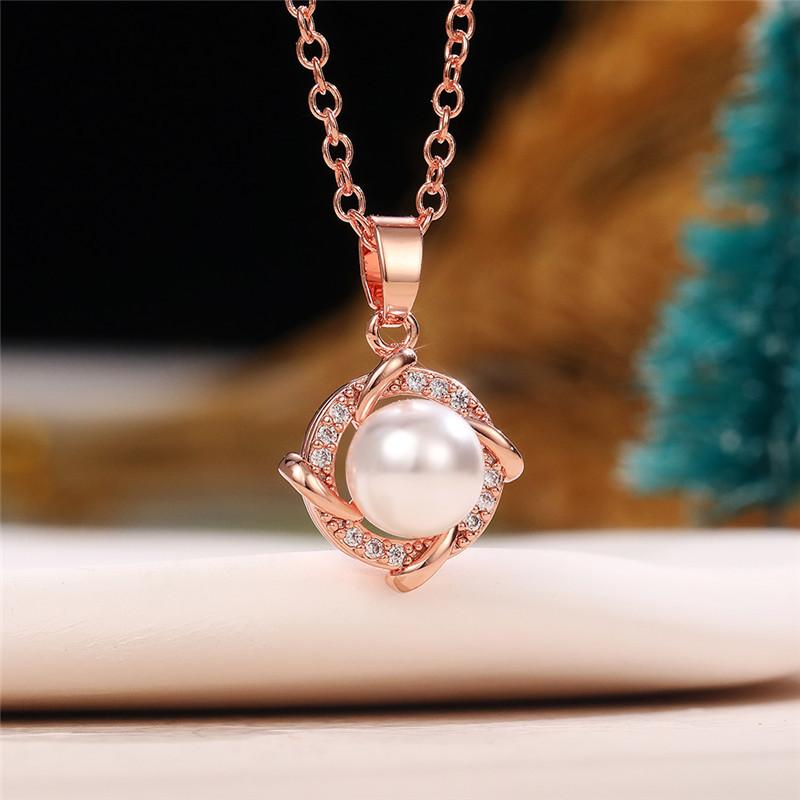 Rose Gold Plated Simulated Pearl & CZ Pendant Necklace, Delicate Cable Chain Necklace for Women
