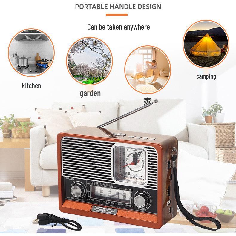 Retro Solar Multi-Band Shortwave Radio & Bluetooth Speaker with USB/SD Player, Clock, and Emergency Light