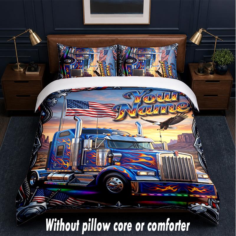 Truck Theme Custom Text Or Name 3Pcs Bedding Set,1 Flat Sheet & 2 Pillowcases Personalized Home Bedding
