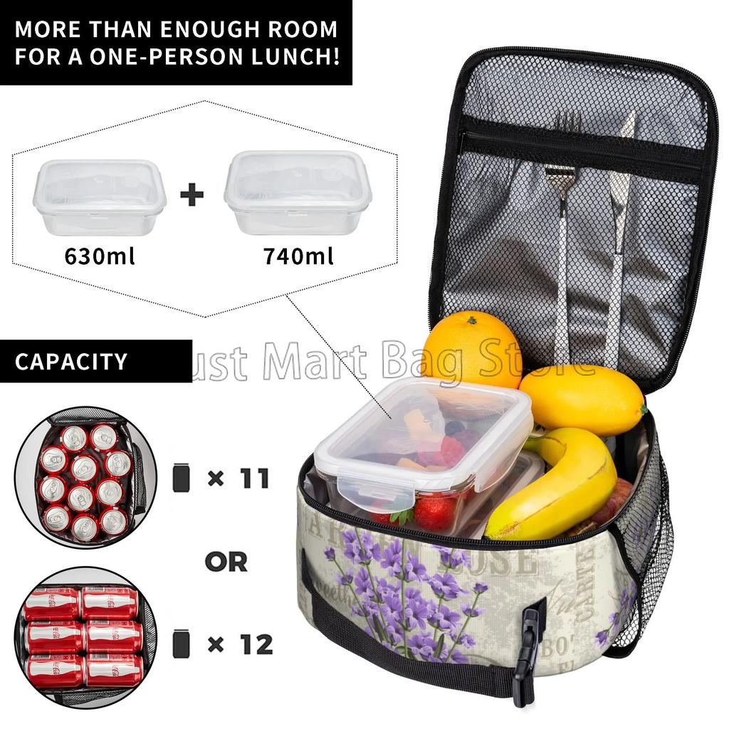 Vintage Lavender Flowers Insulated Lunch Box Reusable Portable Lunch Bag Durable Cooler Bento Tote for Women Work Travel Picnic