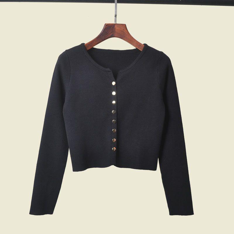 American Sexy Metal Buckle Knitting Outer Wear Cardigan Long Sleeves Female 2025 Spring High Waist Short Pure Desire Sexy Top