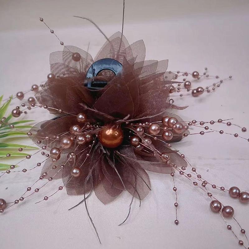 Mesh Flower Hair Claw Women Shark Ponytail Clip Headdress Temperament Pearl Tassels Headwear